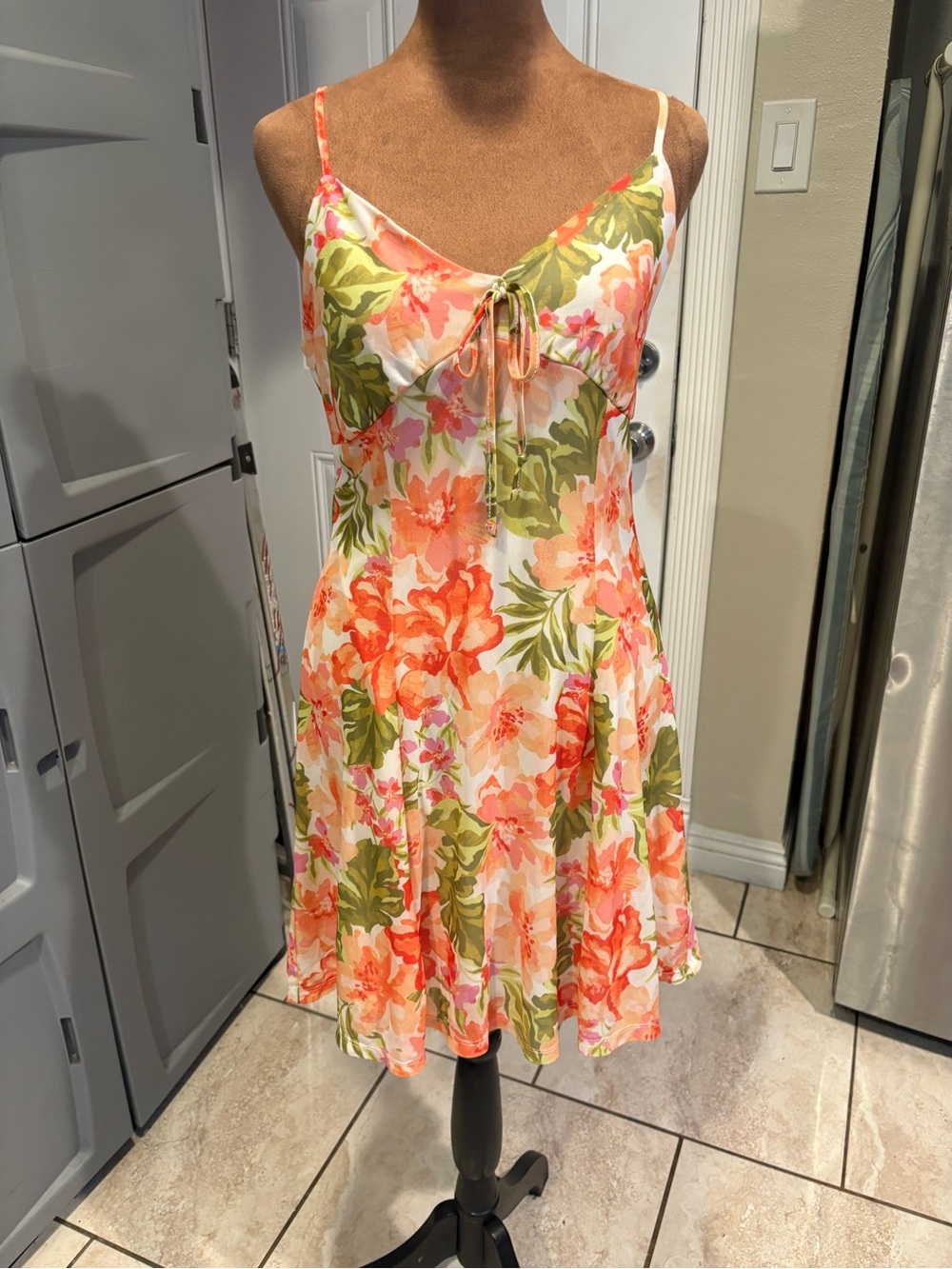 Floral Tie-Front Mini Dress in Coral and Green